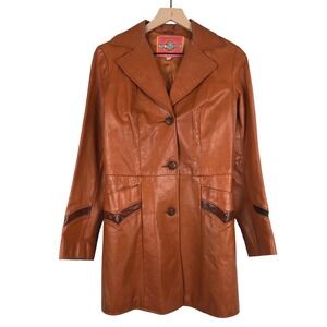 VTG Ms. Pioneer Western Snake Trim Leather Jacket Women's Size 10 Cognac Read